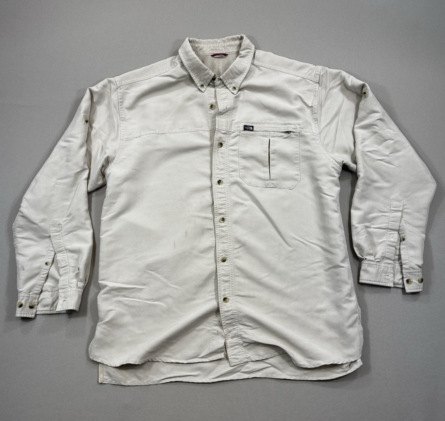 The North Face Long Sleeve mens Large Beige Button Up Shirt Outdoor Hiking
