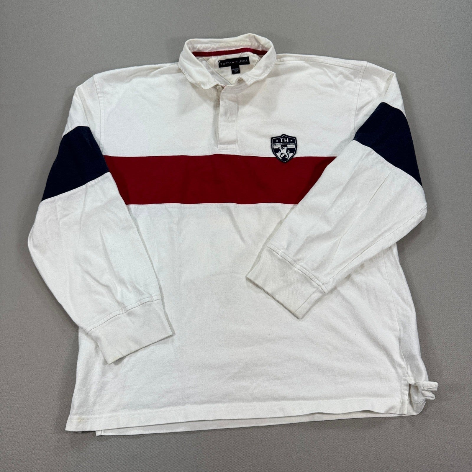 Vintage Tommy Hilfiger Rugby Polo Shirt Long Sleeve mens 2XL White Red Striped