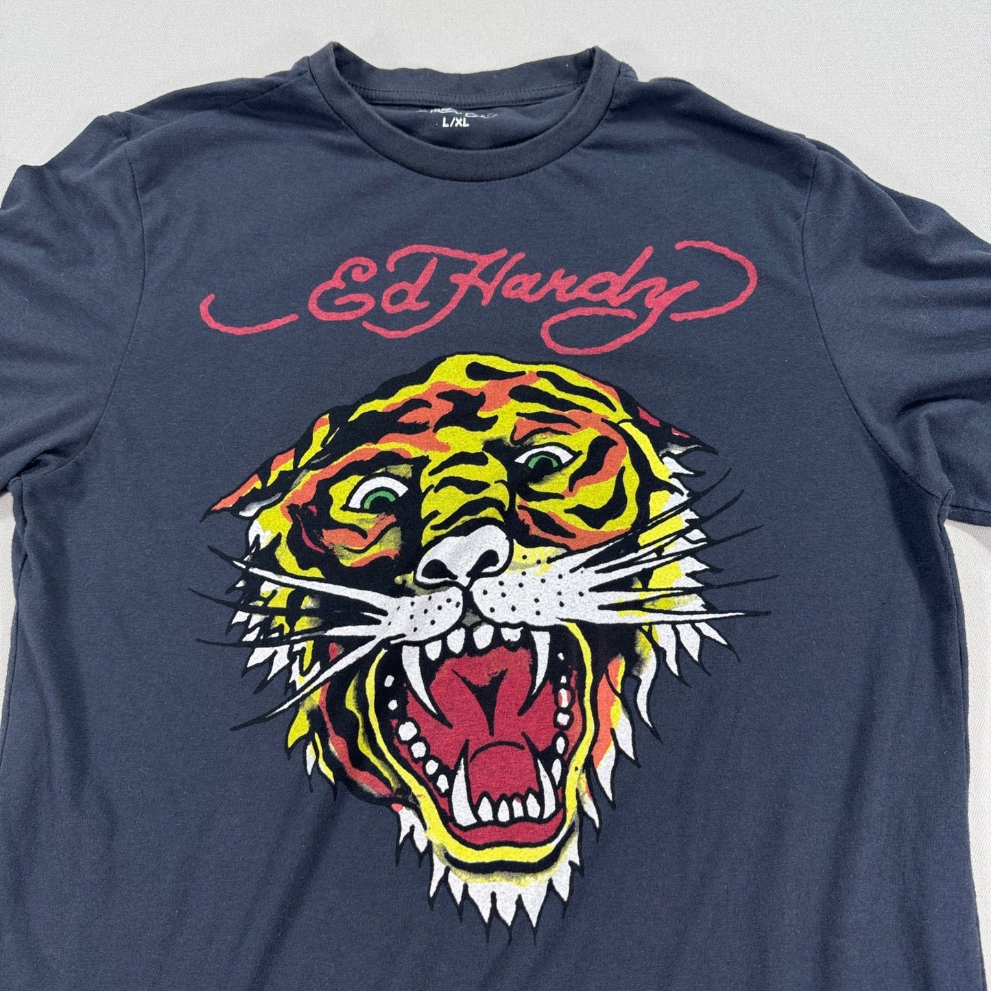 Ed Hardy Graphic T-Shirt Tiger Print Mens L/XL Black Streetwear Y2K Grunge