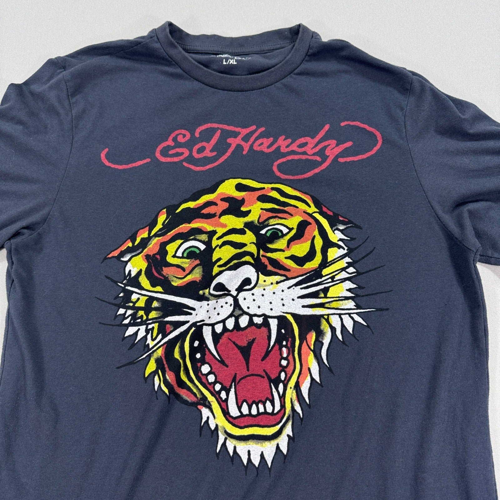 Ed Hardy Graphic T-Shirt Tiger Print Mens L/XL Black Streetwear Y2K Grunge