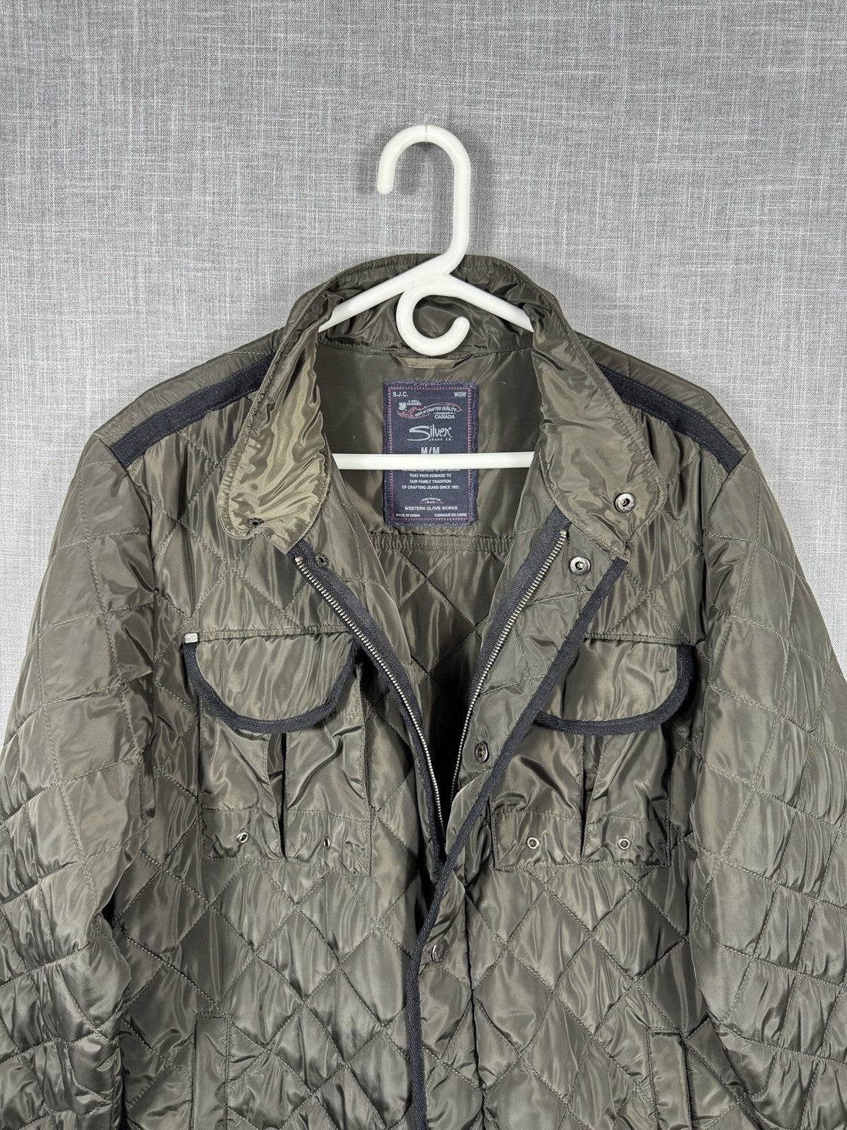 Silver jeans mens Jacket Coat Quilted Elbow Patches Olive Green Rare Size M