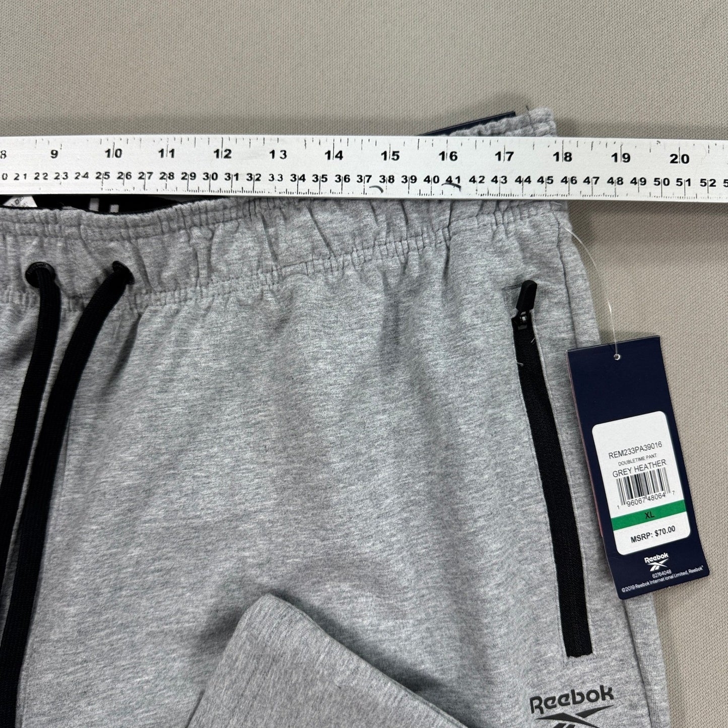 NWT Reebok Doubletime Pants mens XL Heather Gray Zip Pocket Slim Fit Drawstring