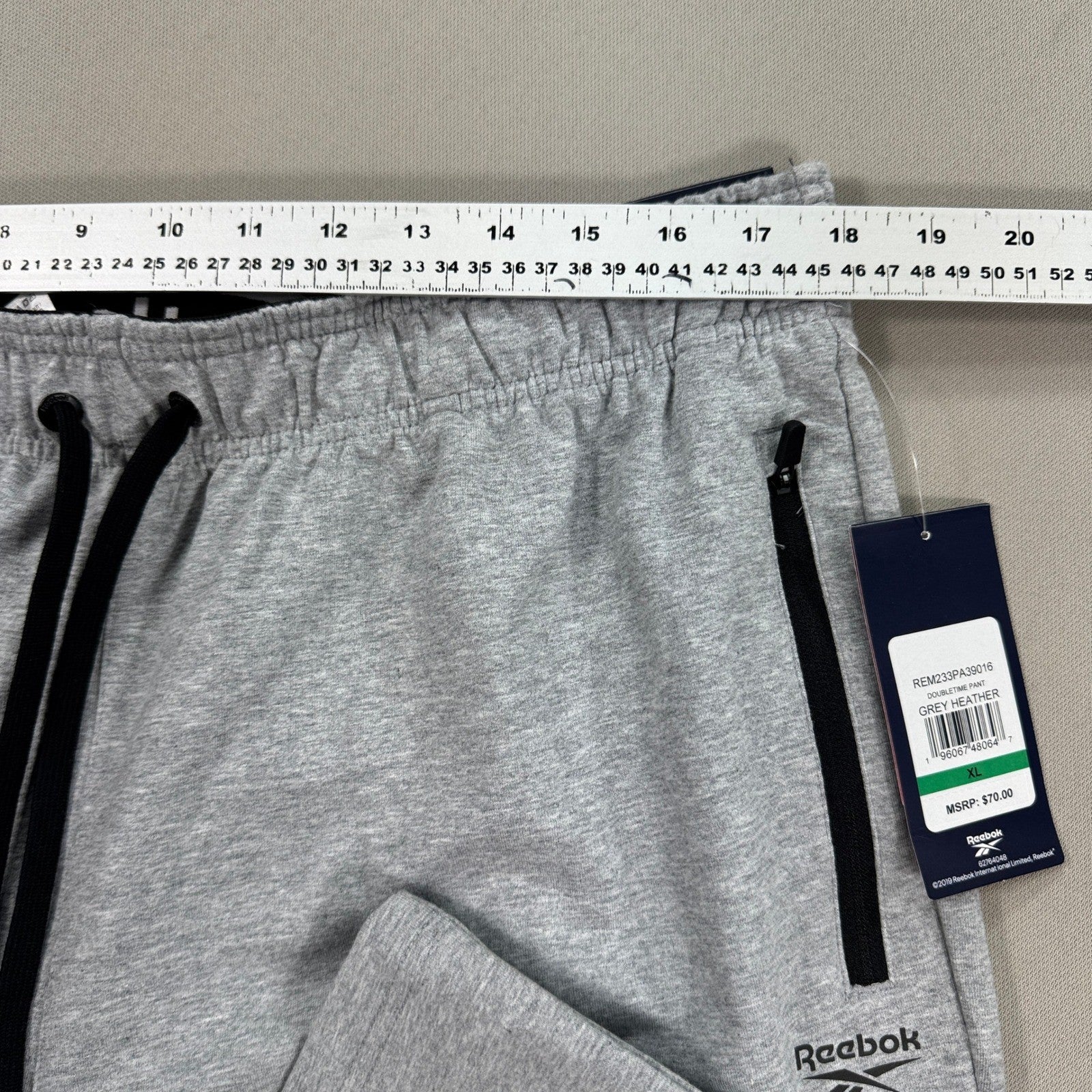 NWT Reebok Doubletime Pants mens XL Heather Gray Zip Pocket Slim Fit Drawstring