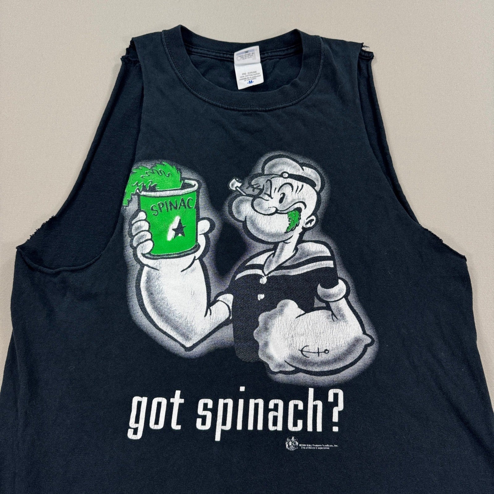 Vintage Popeye Got Spinach Shirt Cartoon Cut-Off mens Medium Black