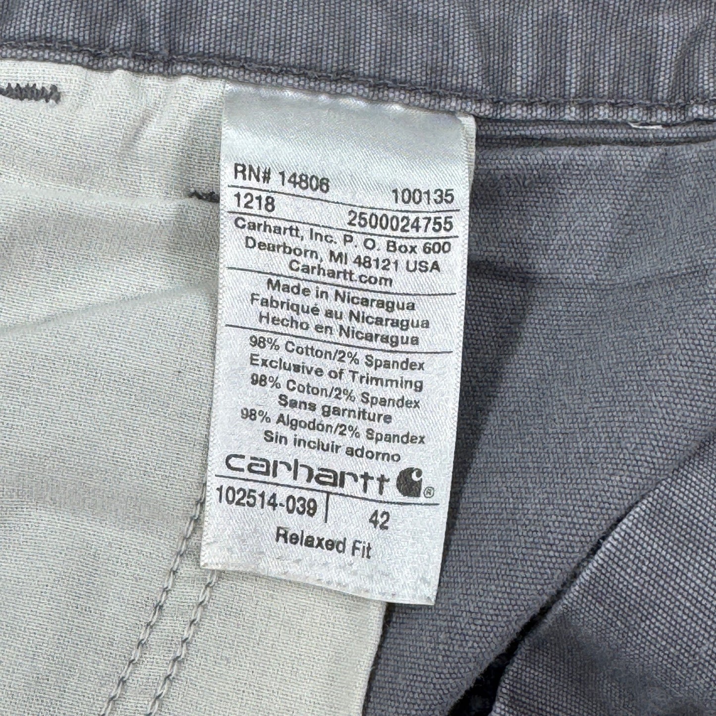 Carhartt 102514-039 Carpenter Shorts Relaced Fit mens Size 42 Gray Workwear