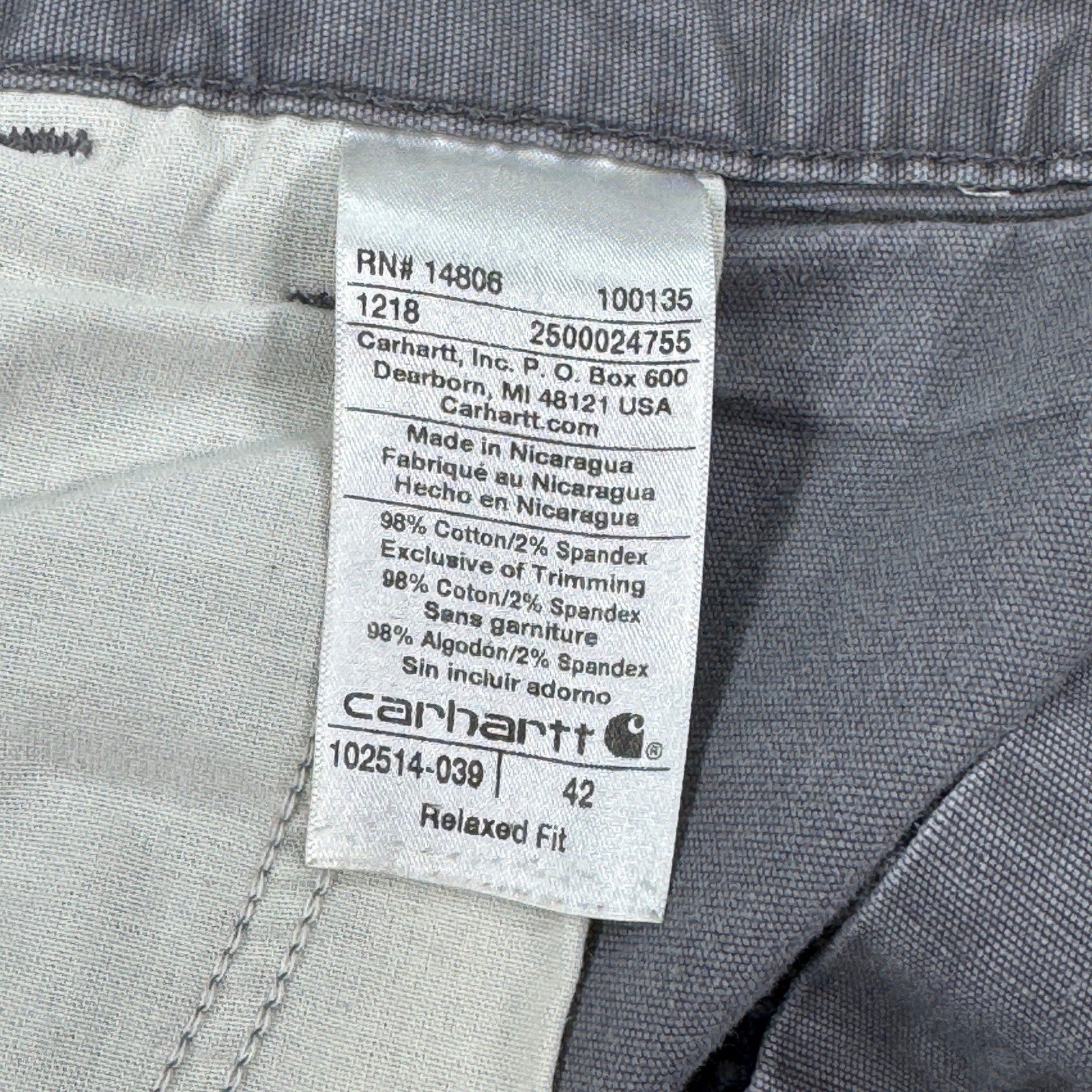 Carhartt 102514-039 Carpenter Shorts Relaced Fit mens Size 42 Gray Workwear