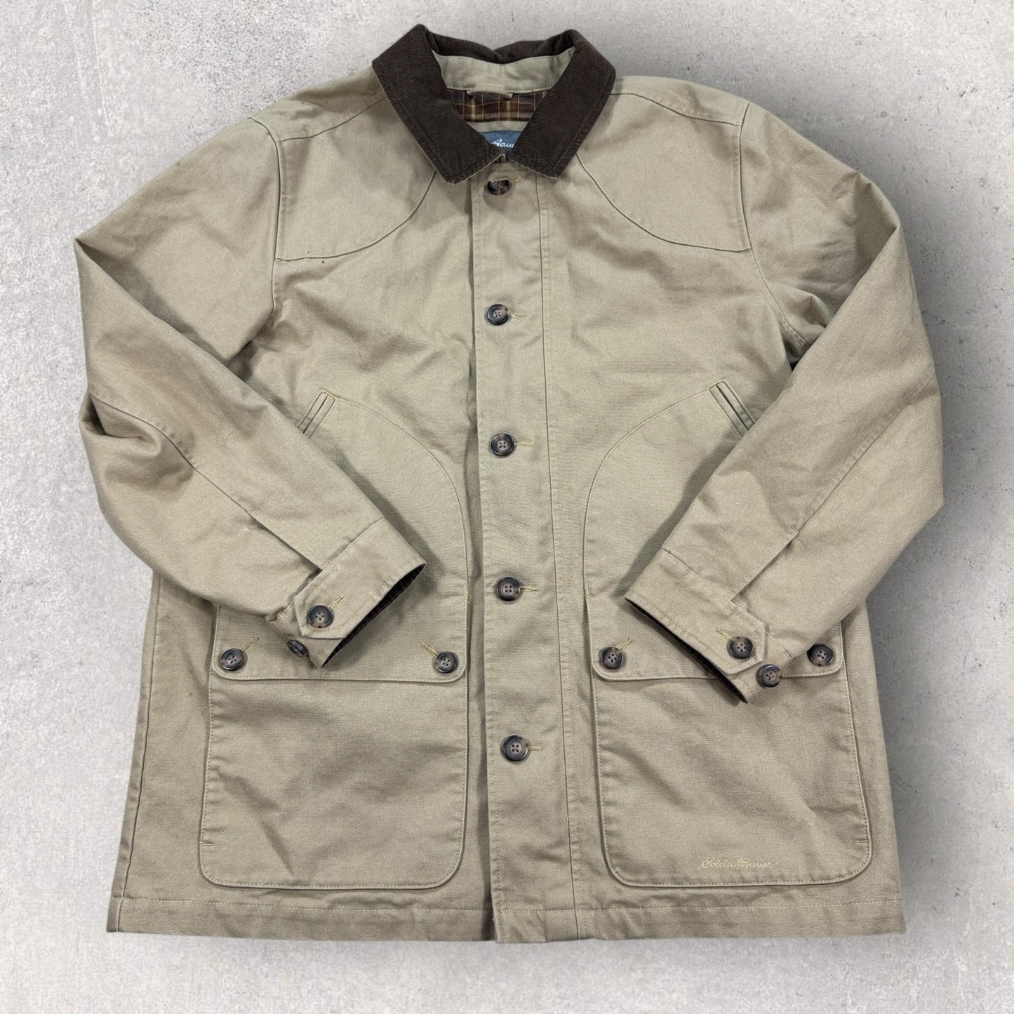 Eddie Bauer Chore Field Jacket mens XL Beige Button Down Lined Corduroy Collar