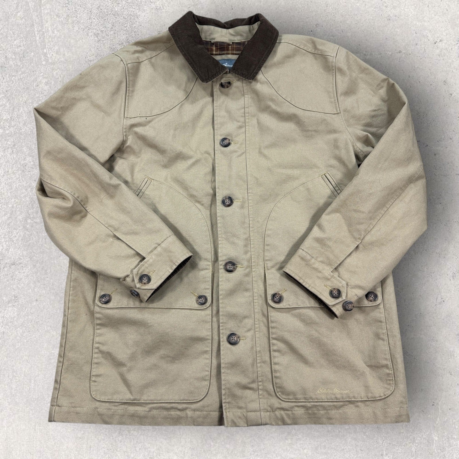 Eddie Bauer Chore Field Jacket mens XL Beige Button Down Lined Corduroy Collar