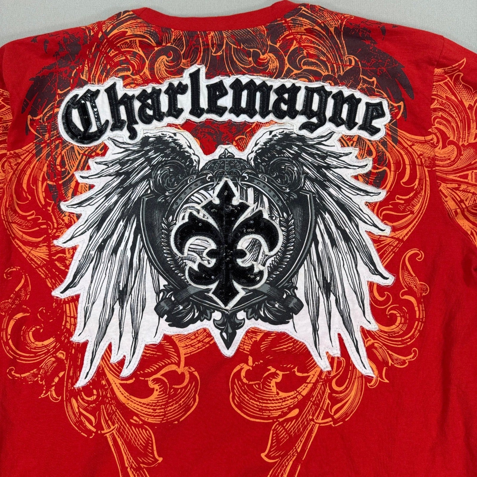 VTG 90s Raw Blue Charlemagne Graphic T-Shirt mens 3XL Red Winged Fleur De Lis