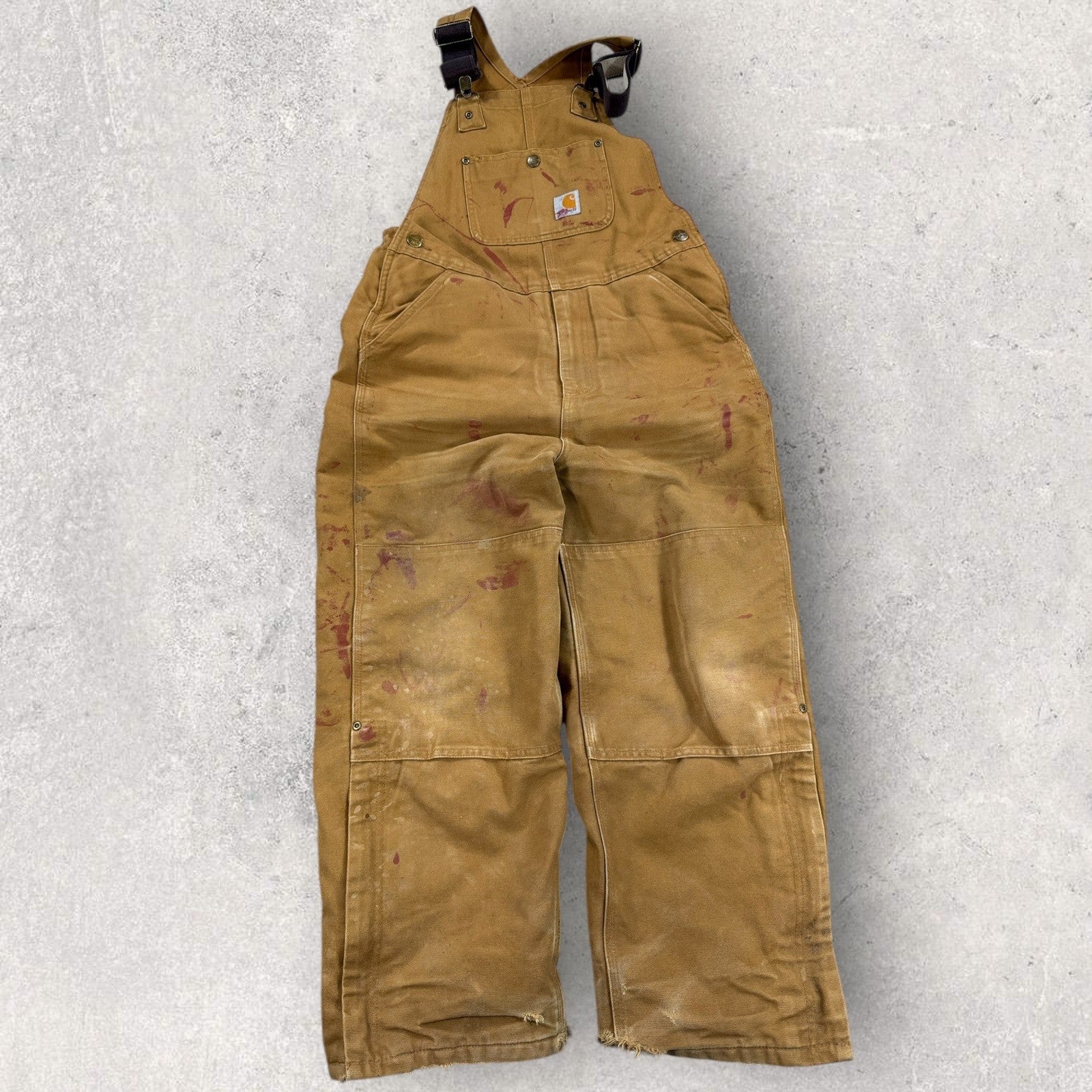 Vintage Carhartt Bib Overalls Double Knee Insulated Youth 12 Brown Distressed