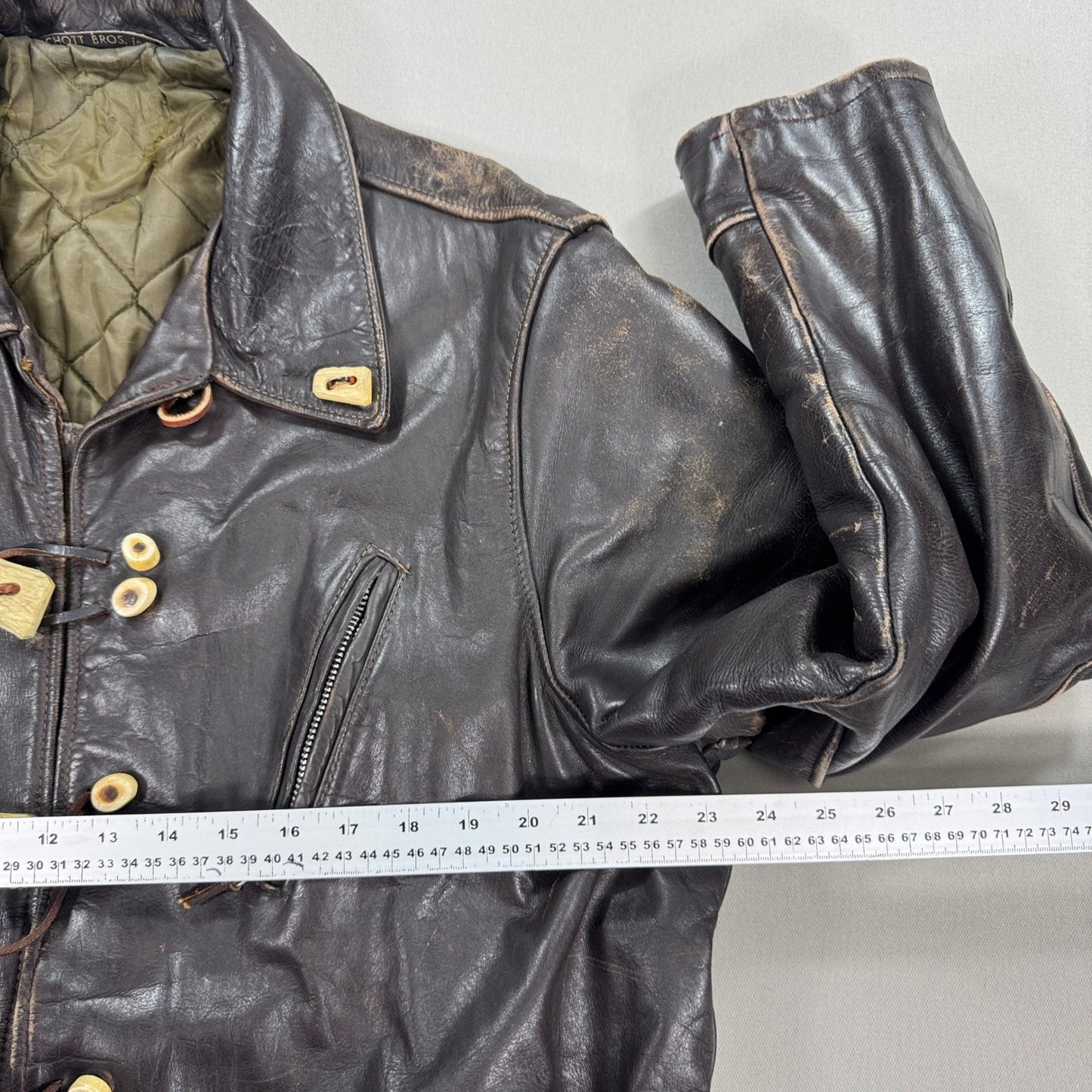 Vintage Super RARE Schott Bros Leather Coat Toggle Closure Mens Large Dark Brown
