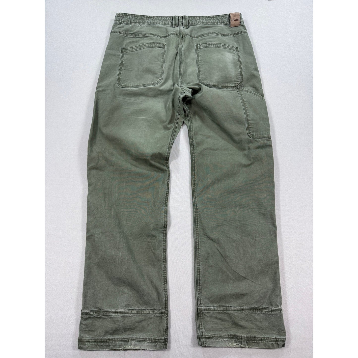 Prana Bronson Work Pants mens 38x34 Olive Green Canvas Carpenter Relaxed Fit