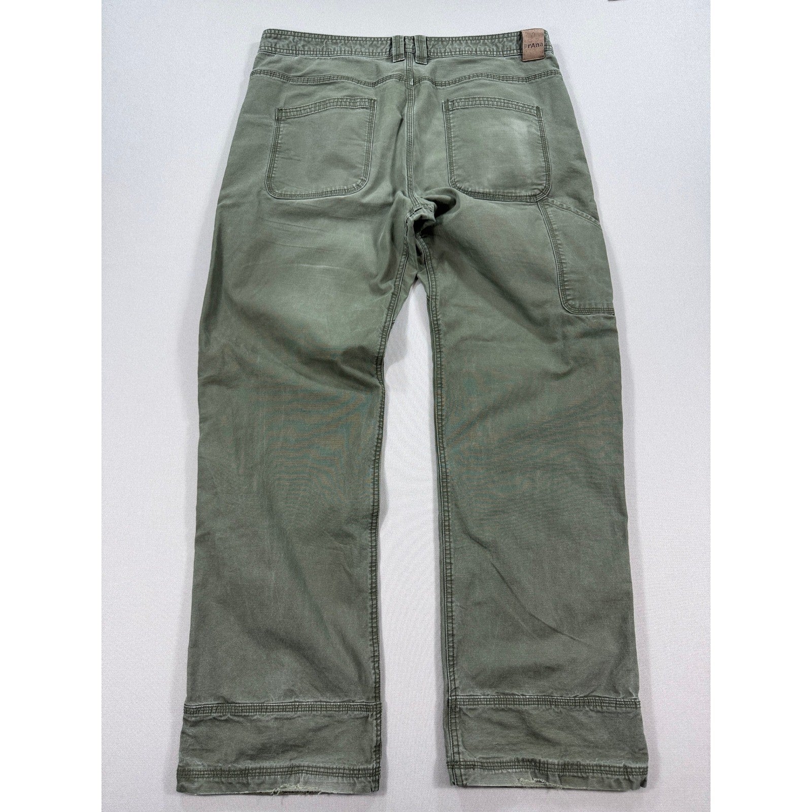 Prana Bronson Work Pants mens 38x34 Olive Green Canvas Carpenter Relaxed Fit