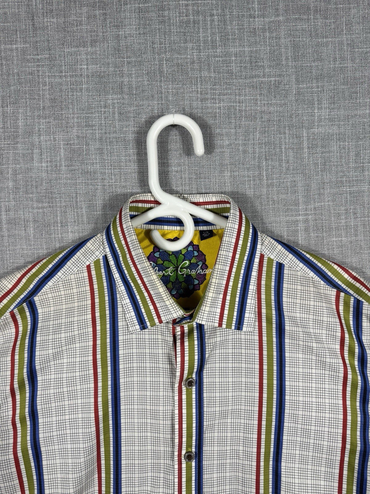 Robert Graham Men Striped Flip Cuff  Green Blue Dress Shirt Size Large 42 16.5