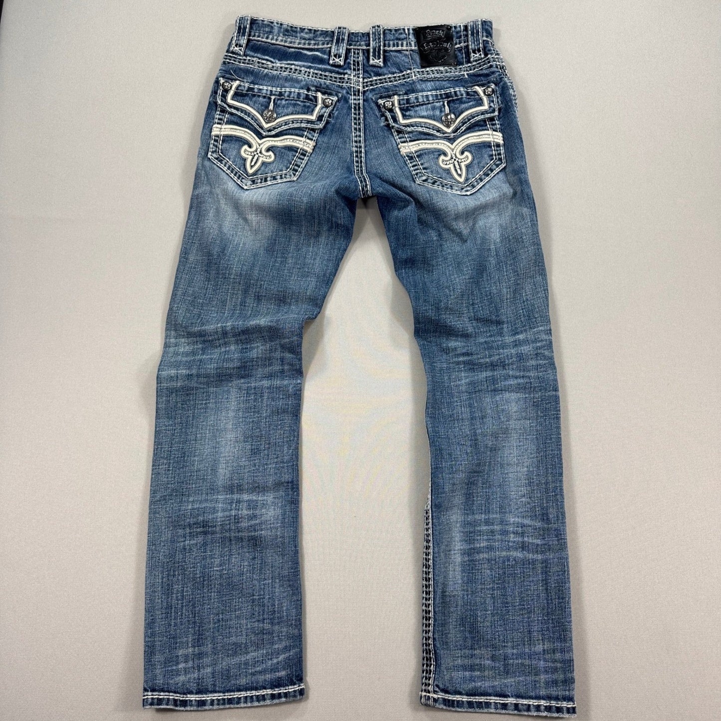 Rock Revival Jeans Bootcut mens Size 31 Blue Denim Distressed Made for Buckle