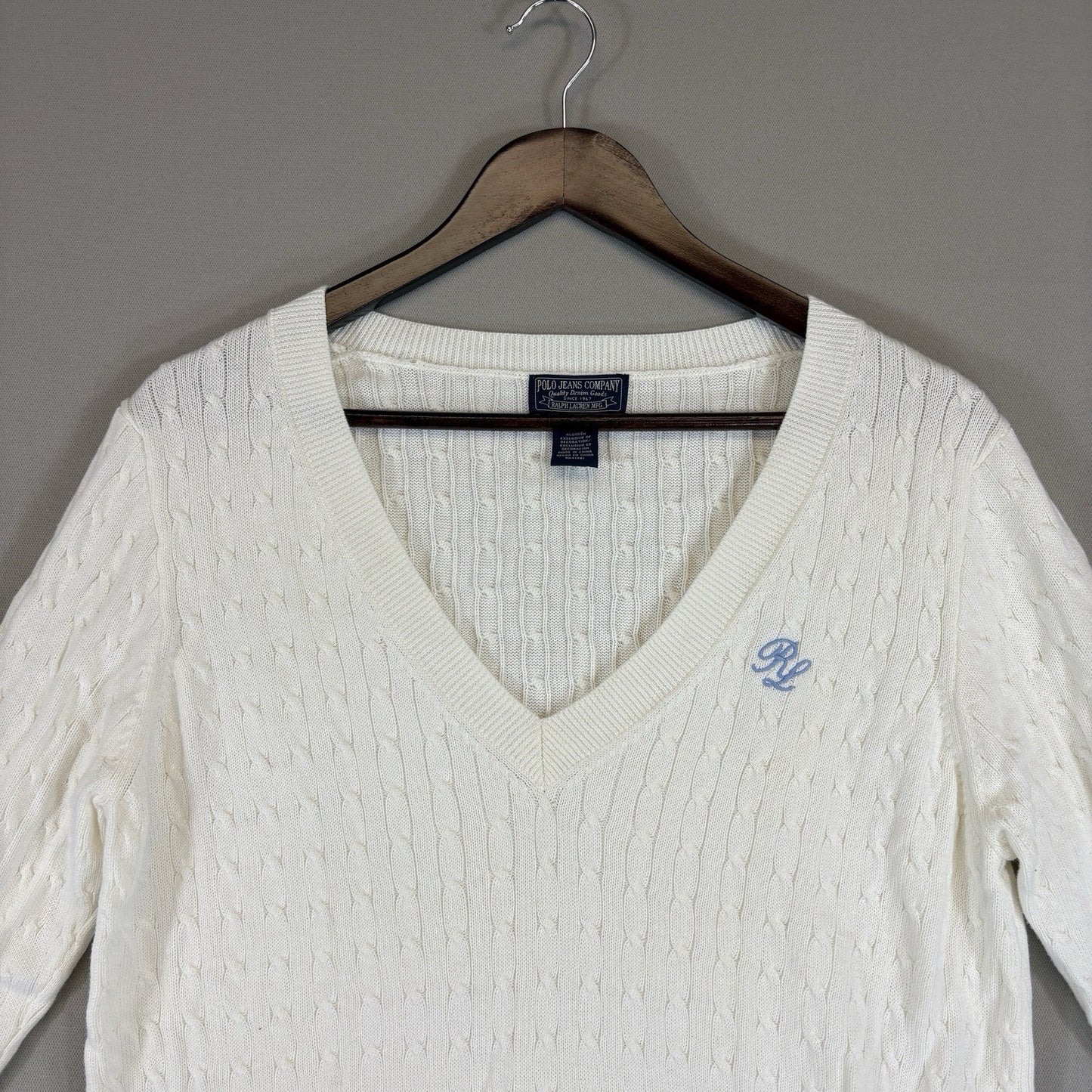 Ralph Lauren Polo Jeans Co Womens XL Sweater V Neck Cable Knit RL Logo