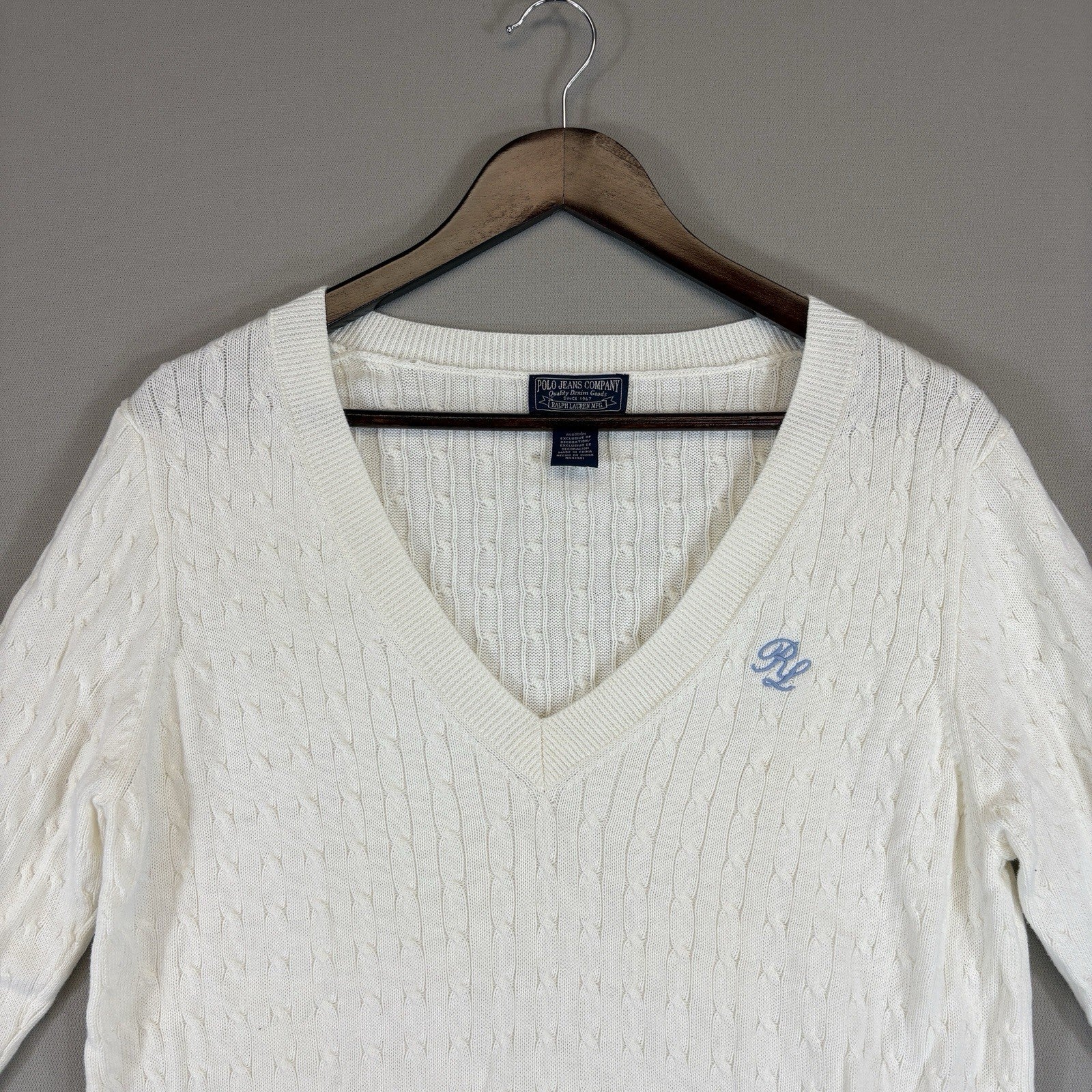 Ralph Lauren Polo Jeans Co Womens XL Sweater V Neck Cable Knit RL Logo