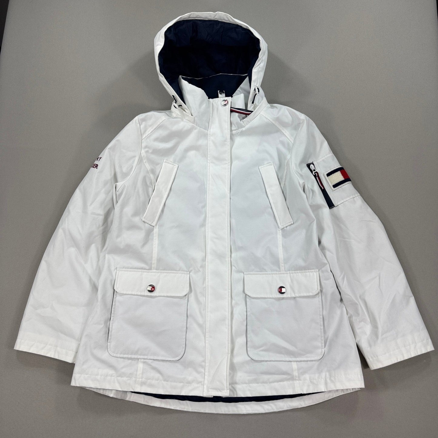 Tommy Hilfiger Windbreaker Coat White Quilted Lined Hooded Womens XL