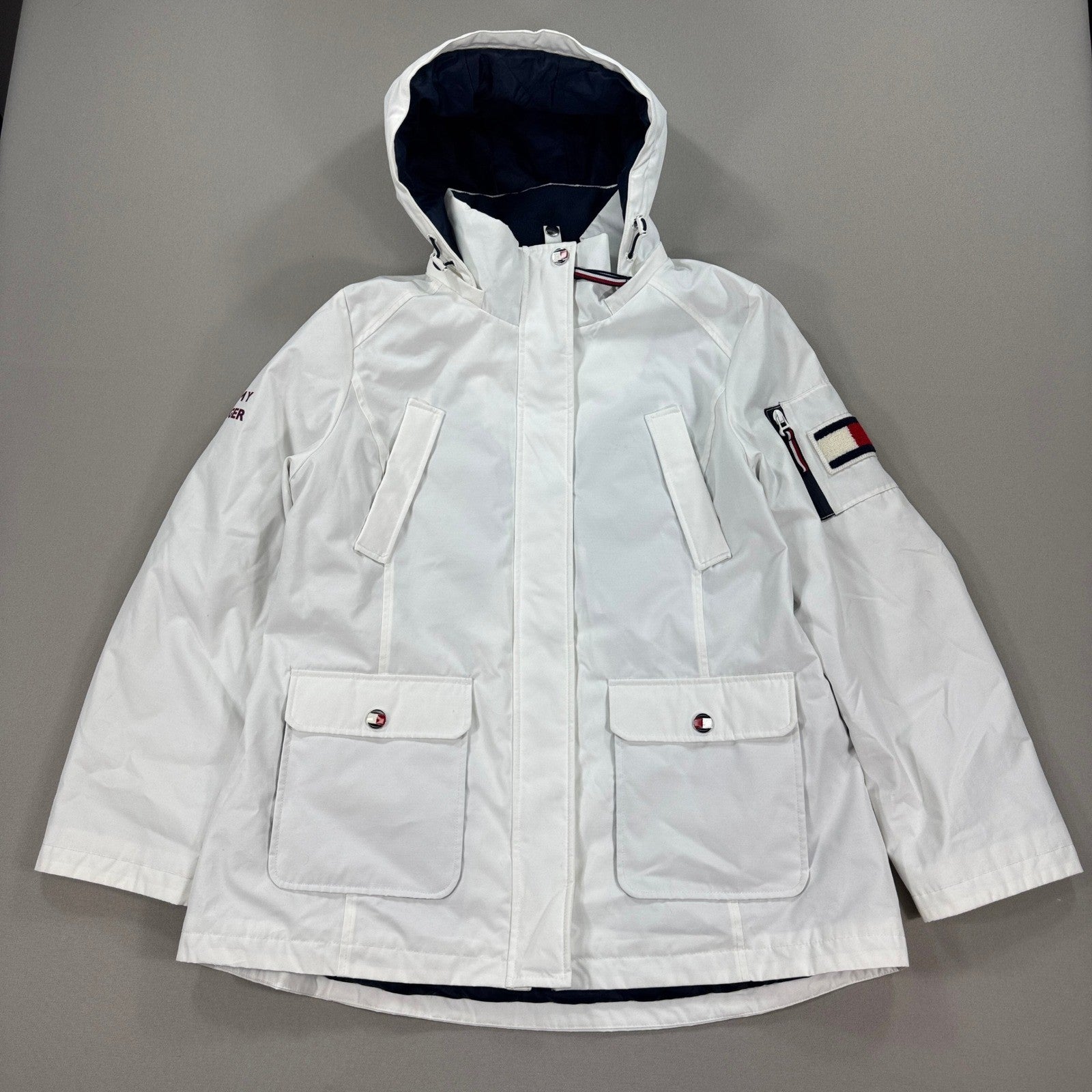 Tommy Hilfiger Windbreaker Coat White Quilted Lined Hooded Womens XL