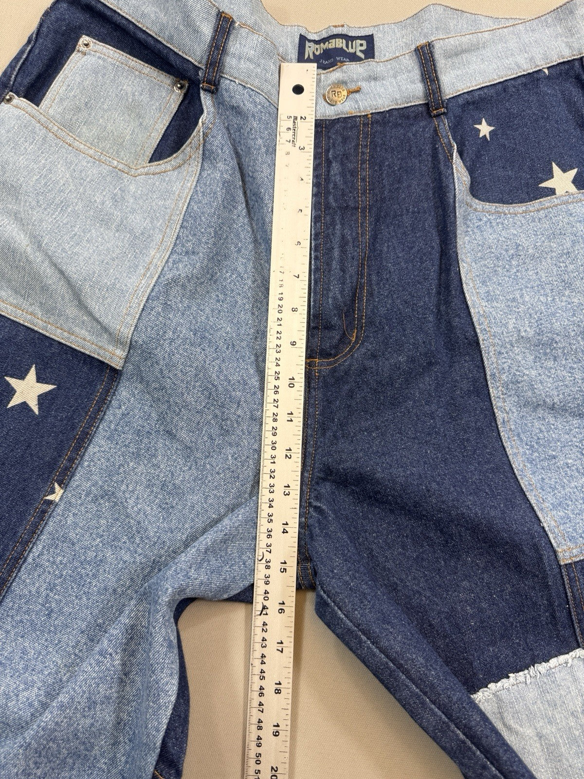 Vintage Baggy Y2K Jeans Mens 38x32 Blue Denim Patchwork USA Flag