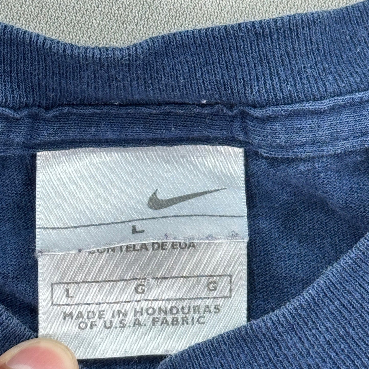 Vintage Nike T-Shirt mens Large Blue Swoosh Logo Graphic Print Crewneck Y2K