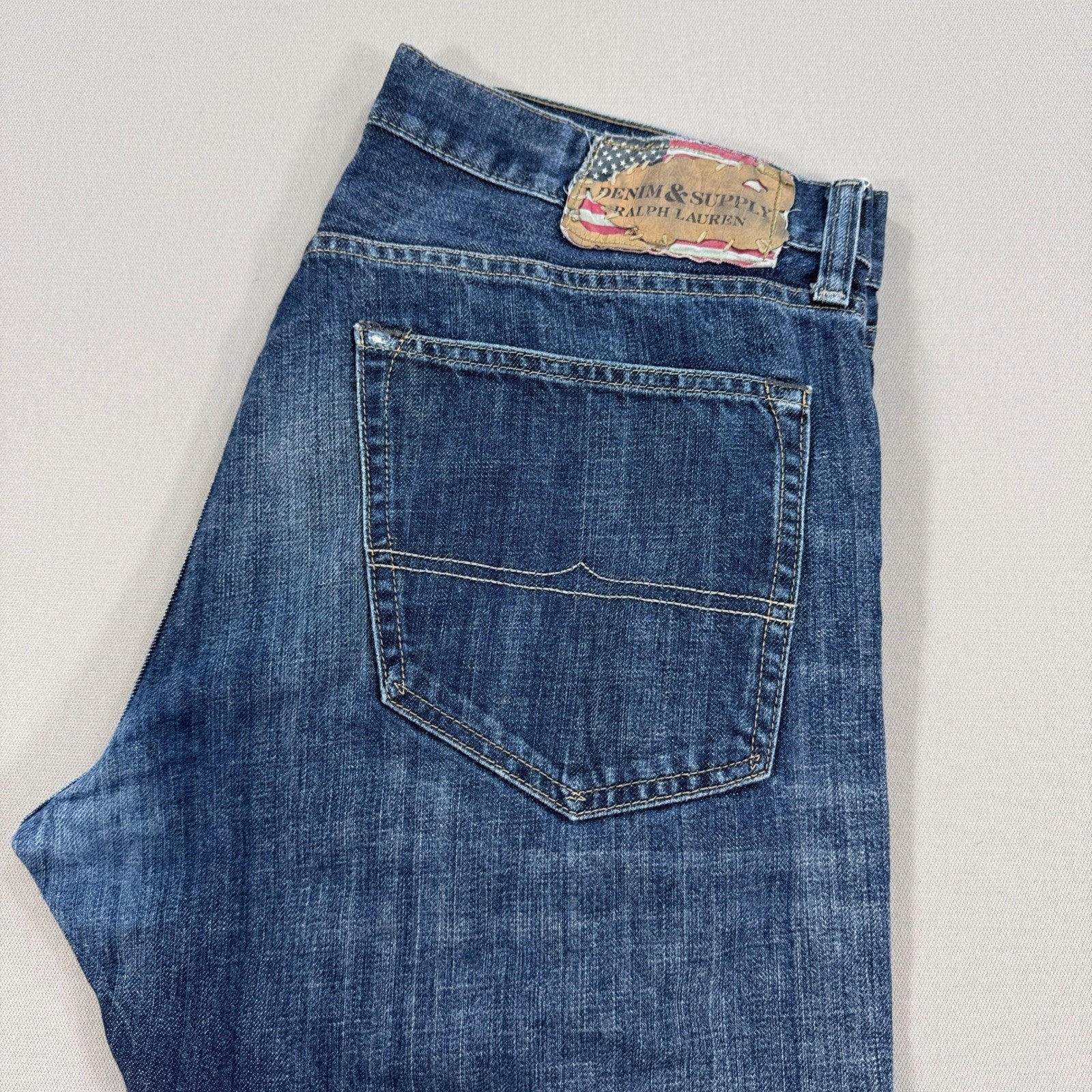 VTG Denim & Supply Ralph Lauren Jeans mens 36x30 Distressed Blue Denim USA Flag