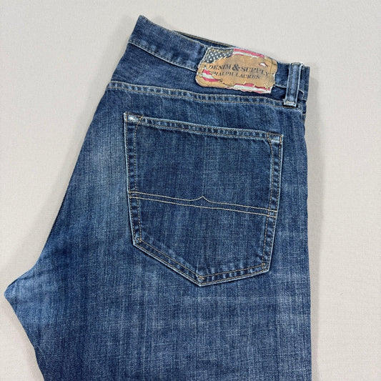 VTG Denim & Supply Ralph Lauren Jeans mens 36x30 Distressed Blue Denim USA Flag