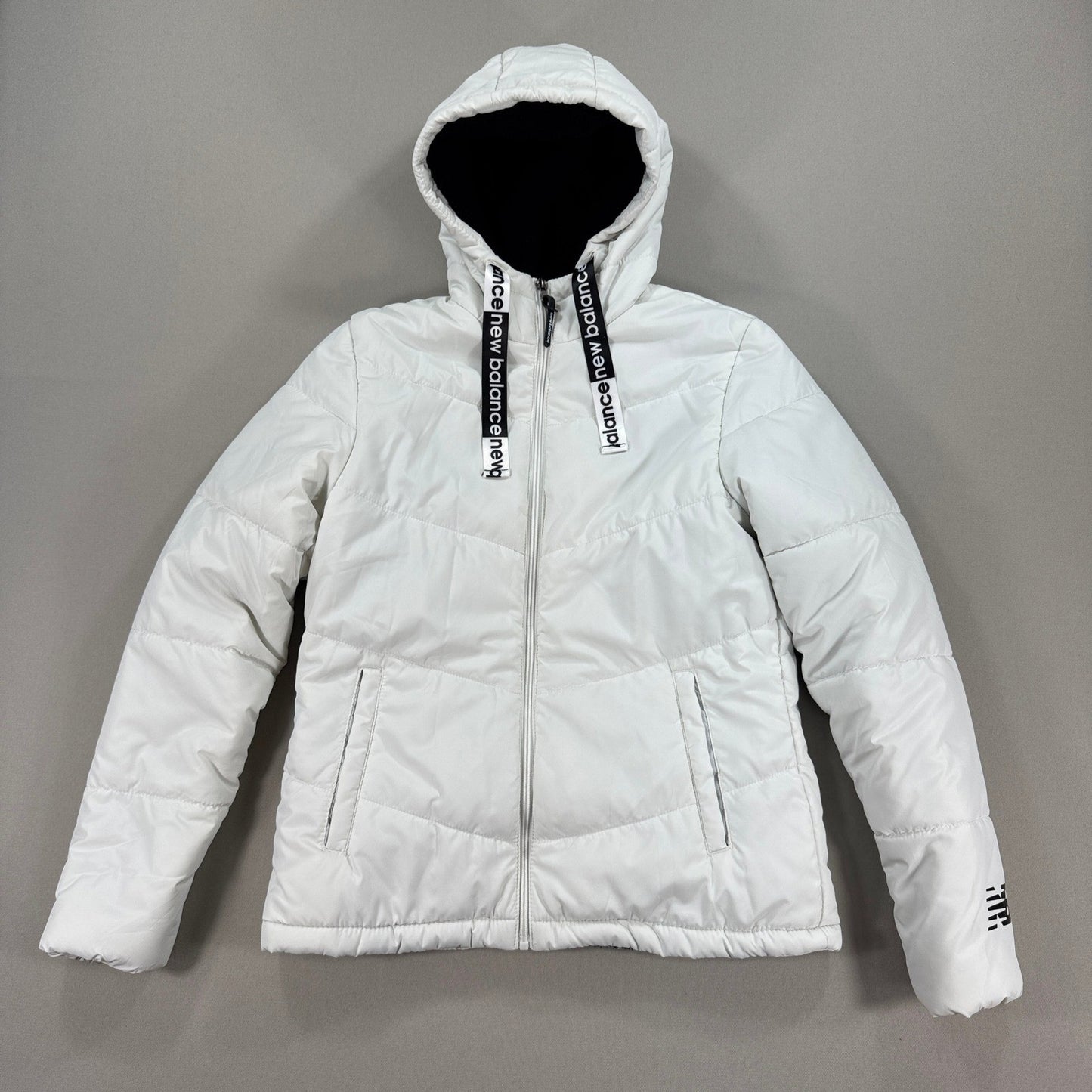 New Balance Puffer Jacket Womens Medium White Full Zip Hooded Quilted Insulated