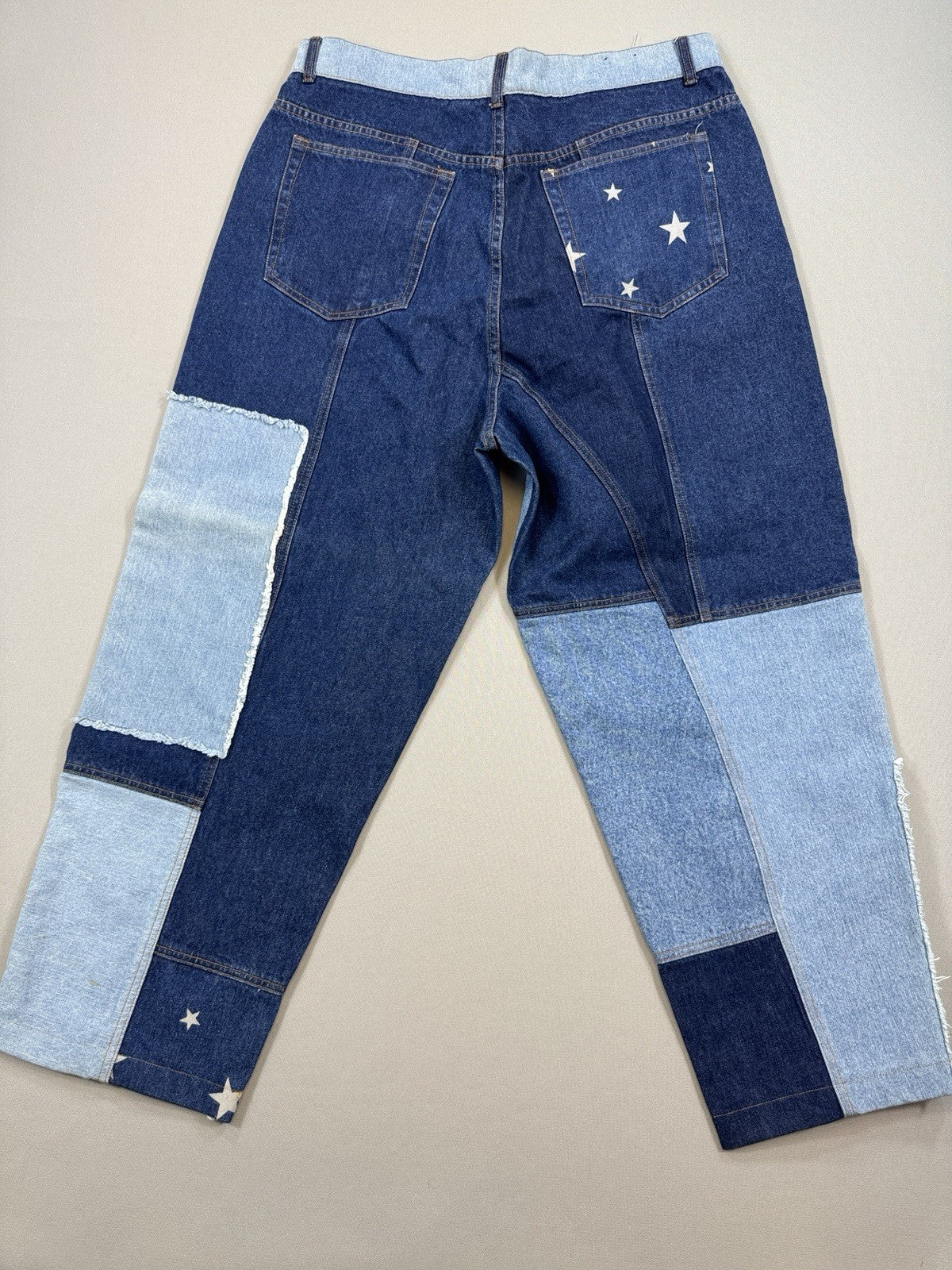 Vintage Baggy Y2K Jeans Mens 38x32 Blue Denim Patchwork USA Flag