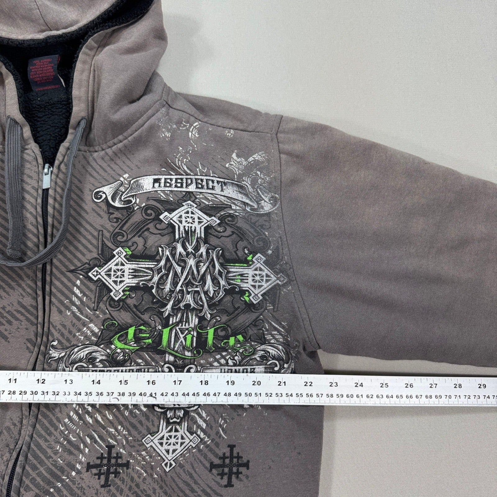 Vintage MMA Elite Hoodie Jacket Sherpa Lined Zip Up mens Large Cross Print Y2K