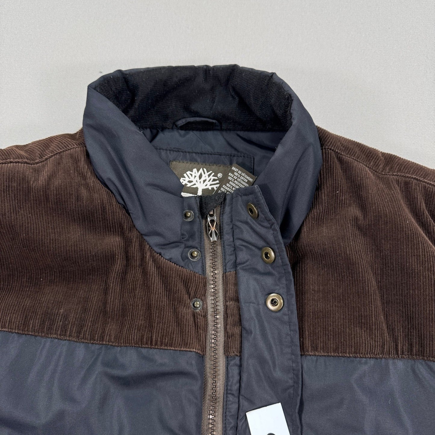 Timberland Vest Puffer Jacket Mens Large Full Zip Black With Brown Corduroy