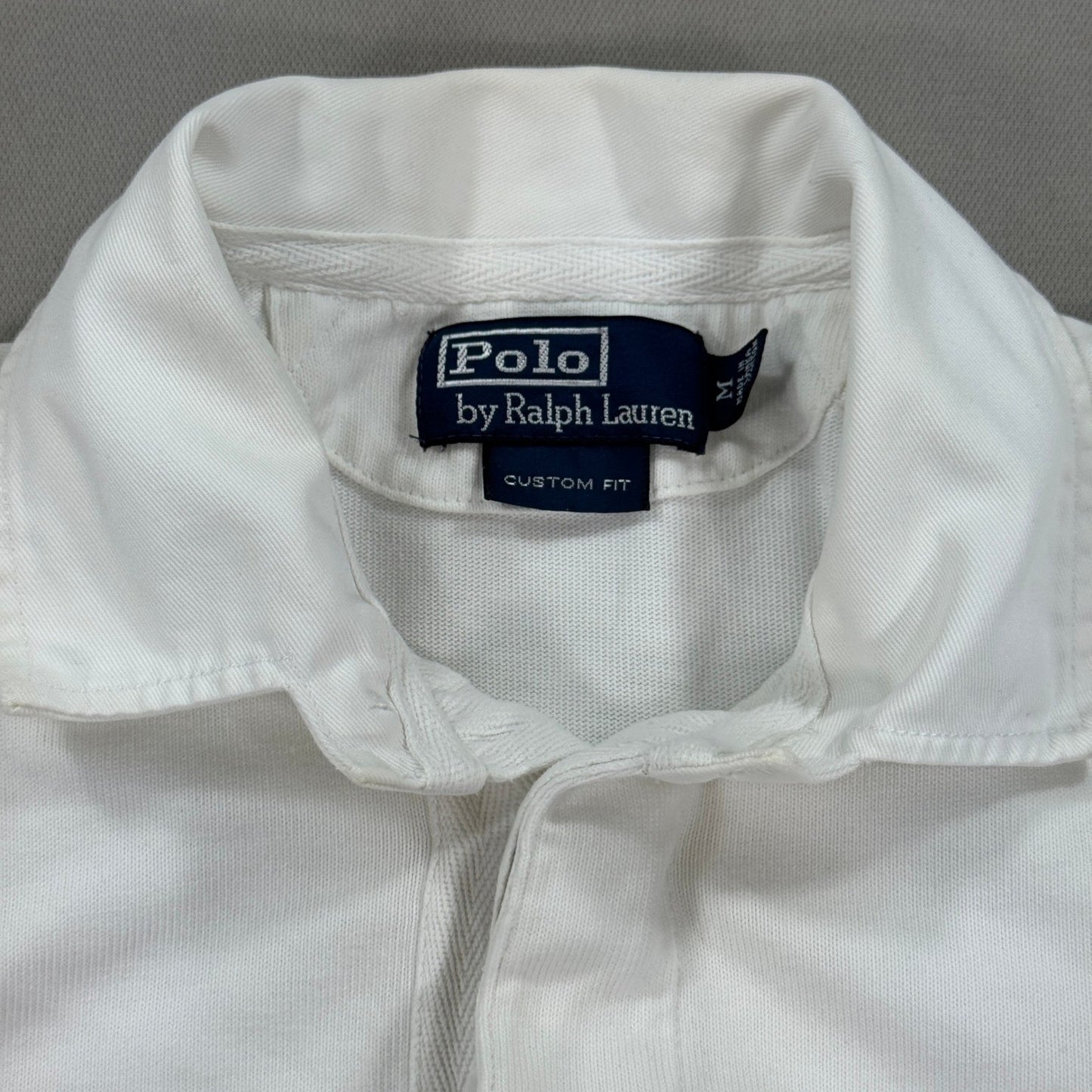 Polo Ralph Lauren Rugby Shirt Mens M White Long Sleeve Custom Fit Sleeve Patches