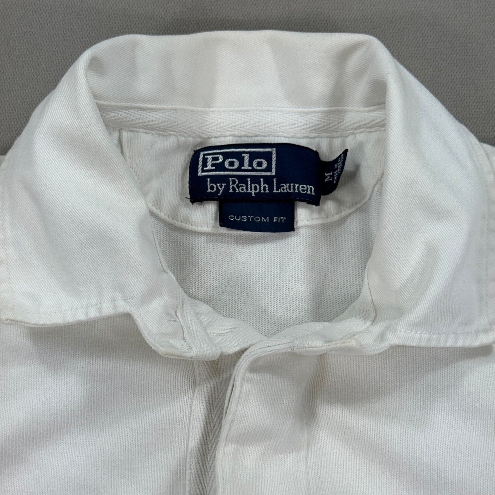 Polo Ralph Lauren Rugby Shirt Mens M White Long Sleeve Custom Fit Sleeve Patches