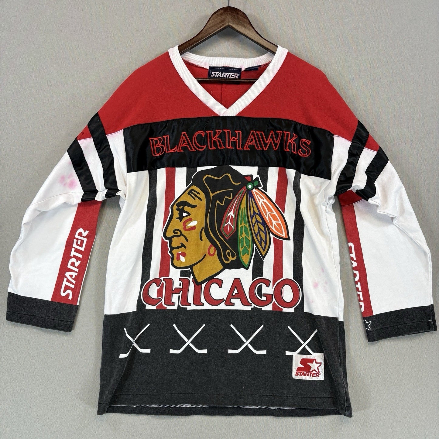 Vintage Rare Starter NHL Chicago Blackhawks 3/4 Sleeve Shirt Mens Large