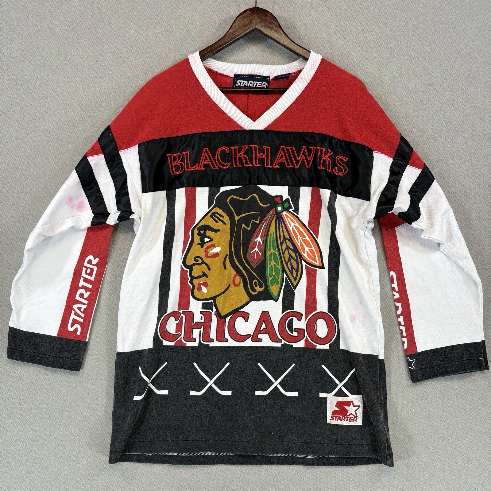 Vintage Rare Starter NHL Chicago Blackhawks 3/4 Sleeve Shirt Mens Large
