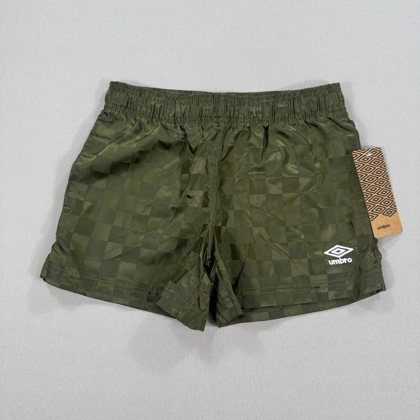 NEW Umbro Soccer Shorts Womens Small Burnt Olive Checkered Stretch Waistband
