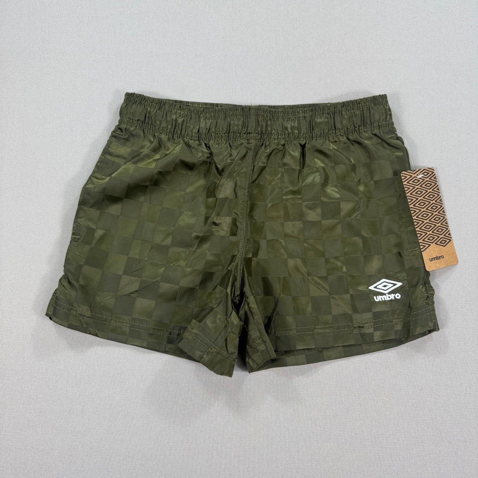 NEW Umbro Soccer Shorts Womens Small Burnt Olive Checkered Stretch Waistband
