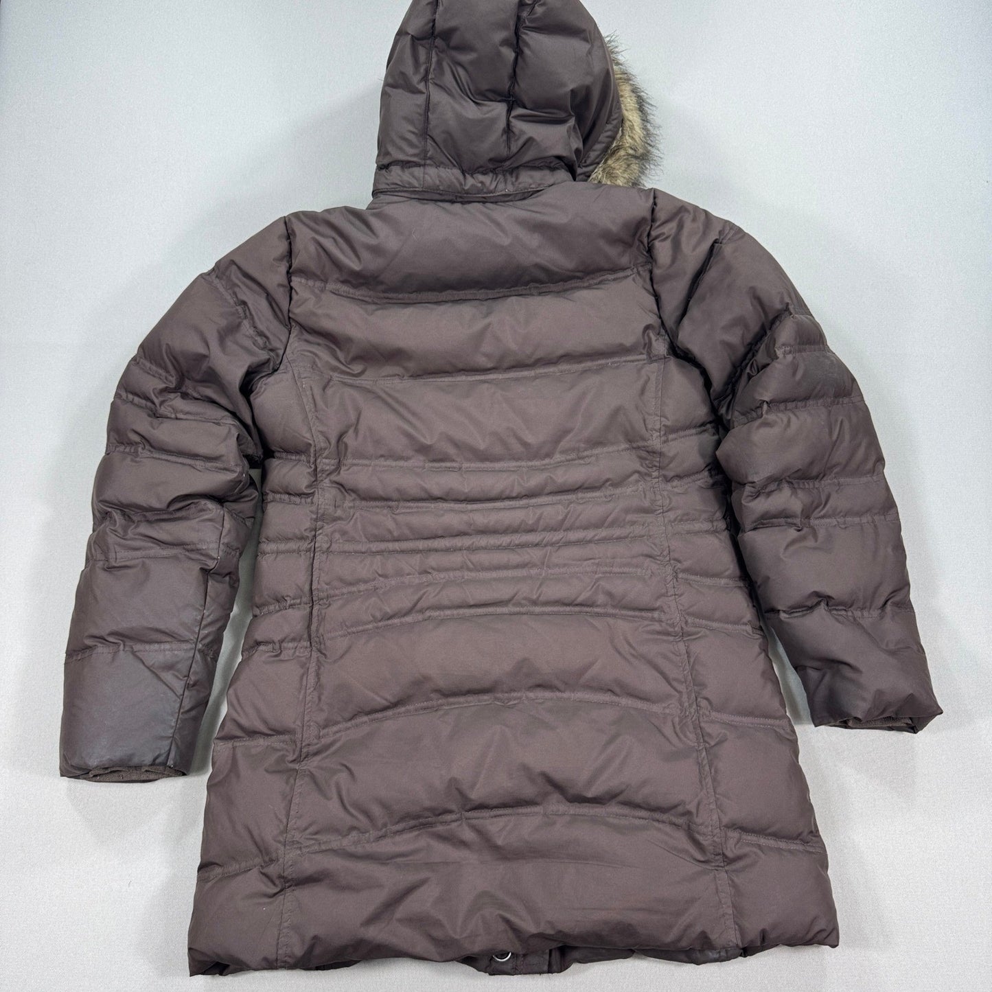 Eddie Bauer Goose Down Womens Coat Medium Fur Hood Cozy Zip & Snap Buttons