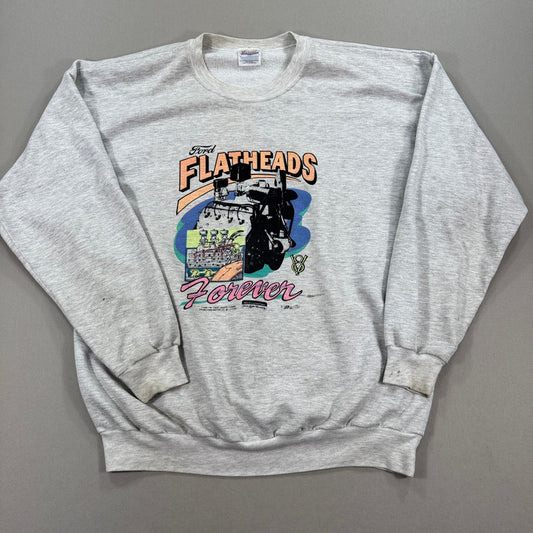Vintage Ford Flatheads Forever Sweatshirt mens XL Gray Graphic Print Crewneck
