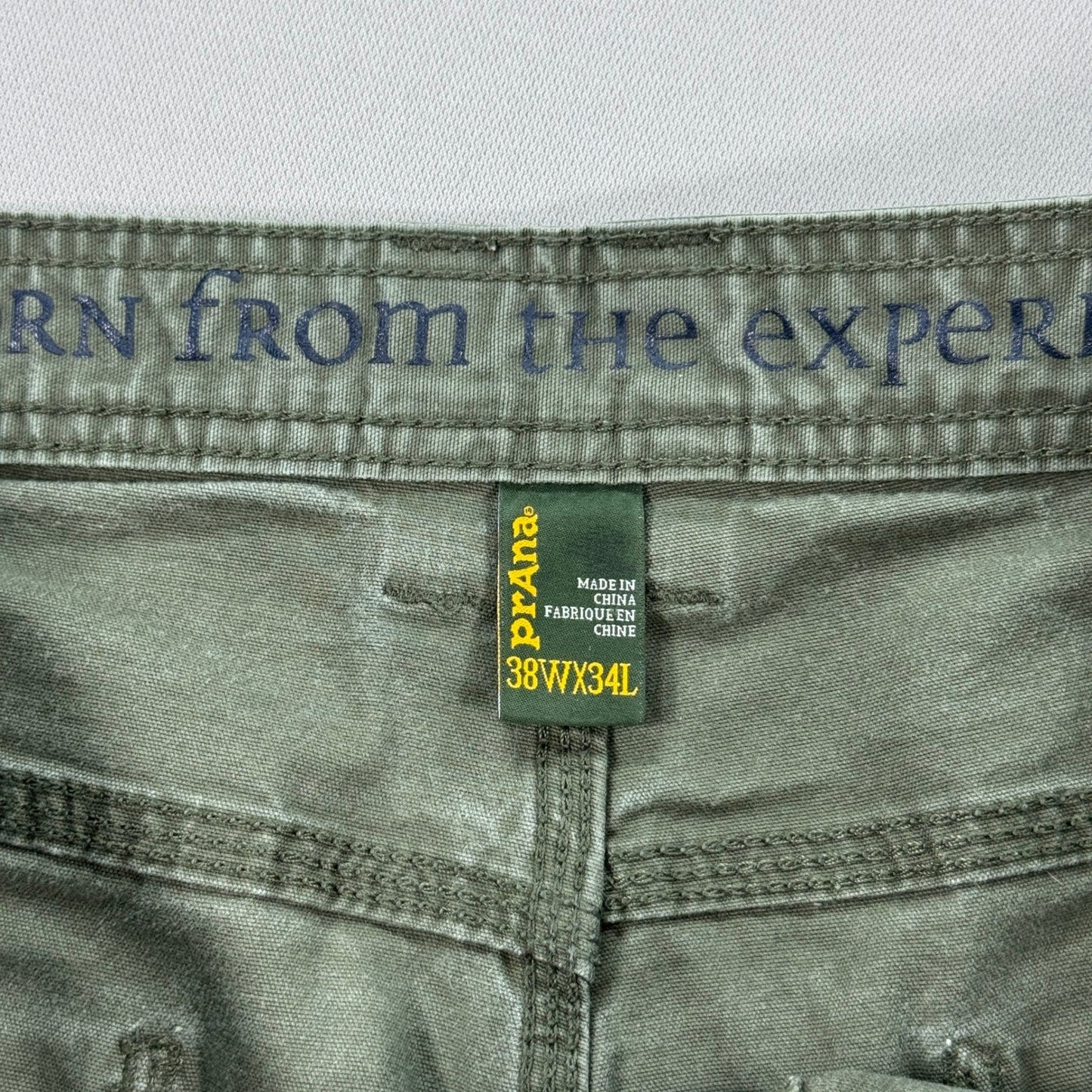 Prana Bronson Work Pants mens 38x34 Olive Green Canvas Carpenter Relaxed Fit