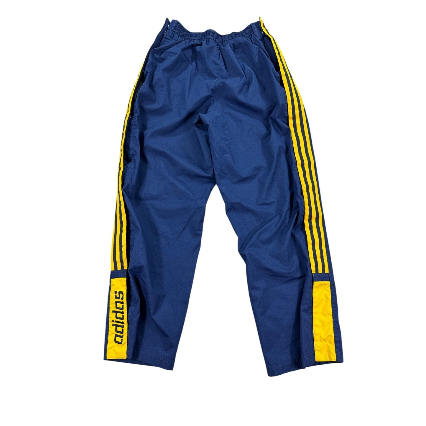 VTG Adidas Track Pants Snap Button Sides Zip Pocket Youth XL Blue Yellow Trefoil