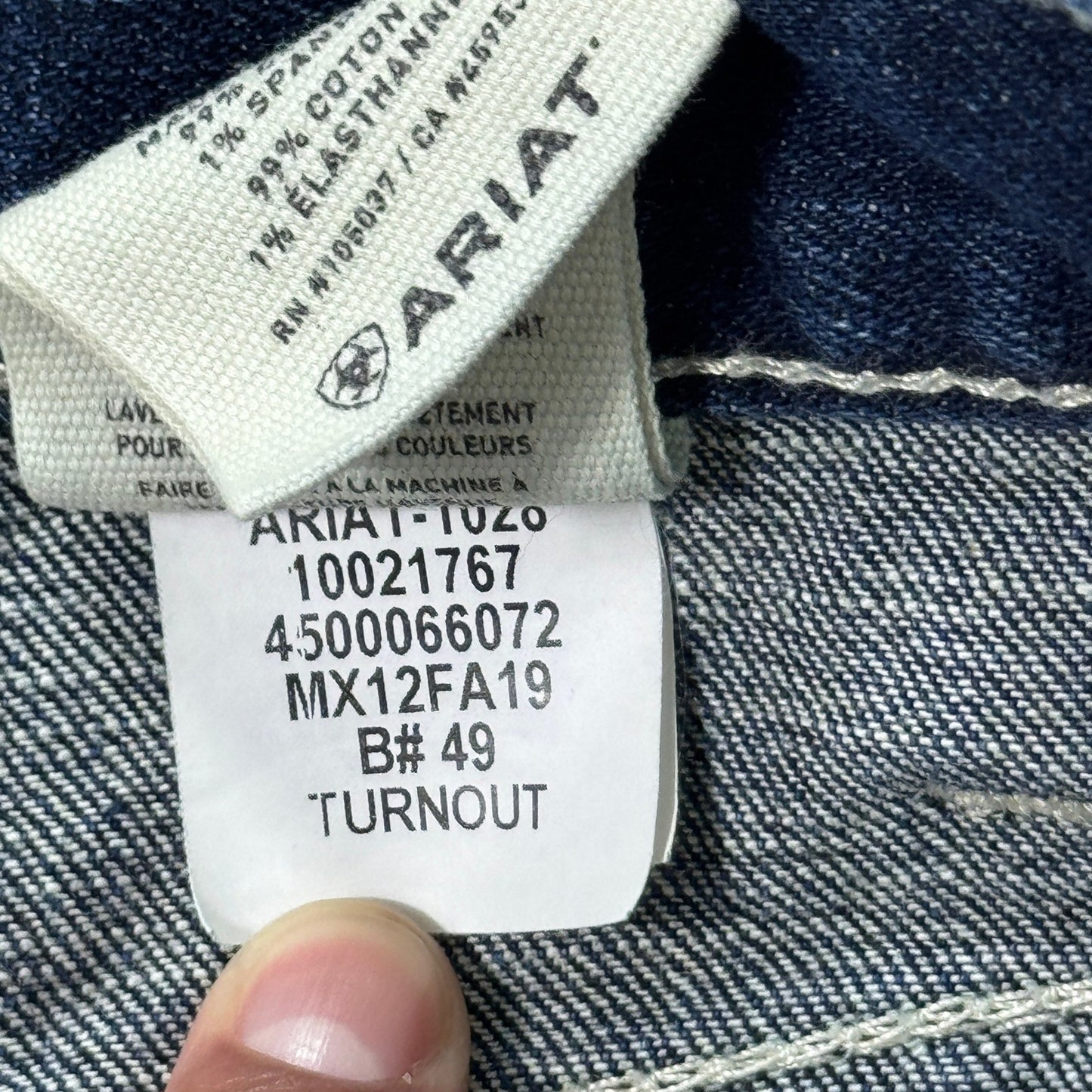 Ariat M4 Jeans Low Rise Bootcut Mens 38x32 Turnout Denim Blue Distressed Stretch