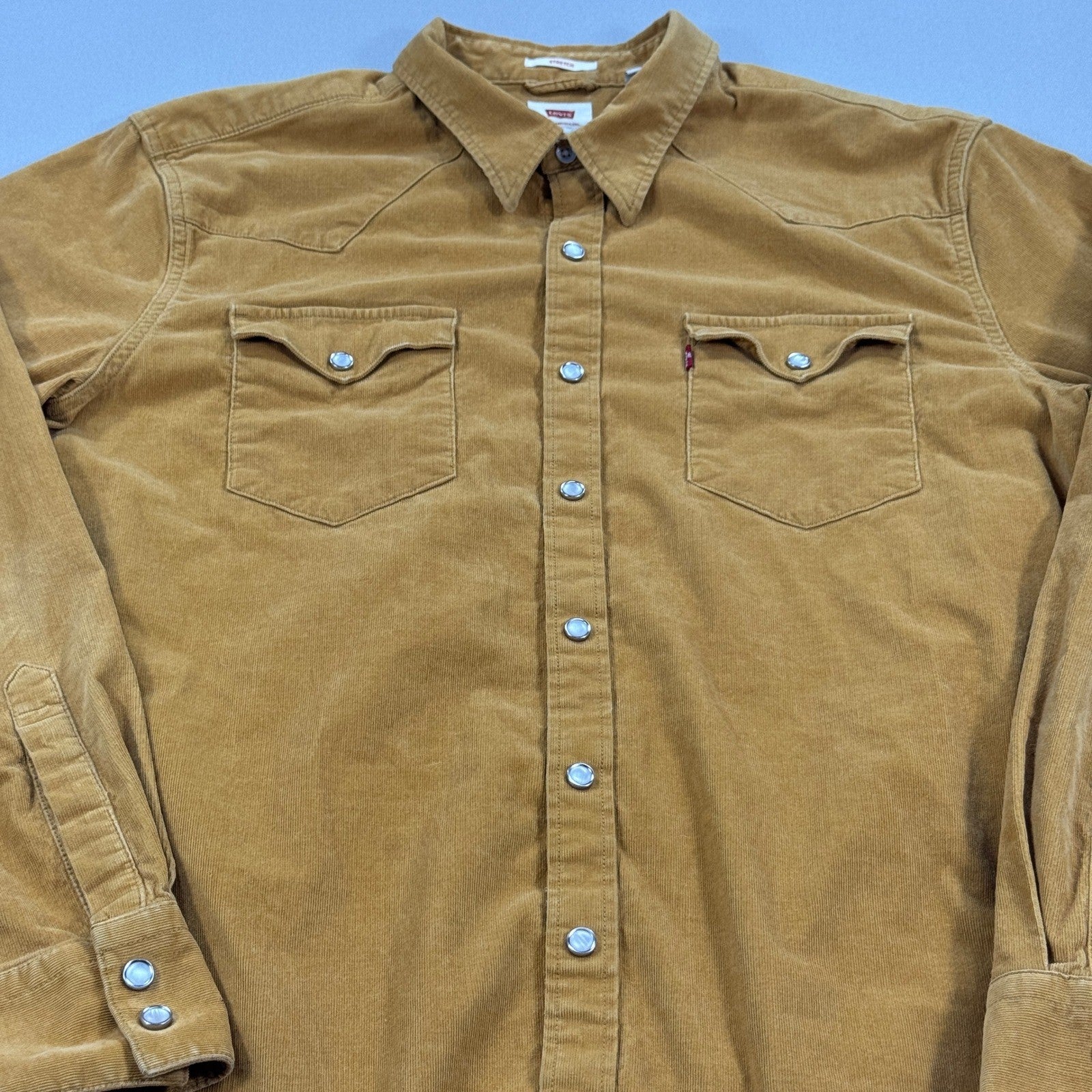 Levi's Corduroy Shirt Pearl Snap Button Up mens Large Brown Stretch Red Tab