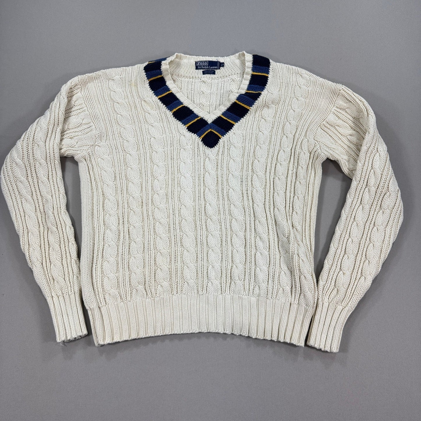 VTG Polo Ralph Lauren Cable Knit Cricket Sweater Cream Blue Yellow Trim mens XL