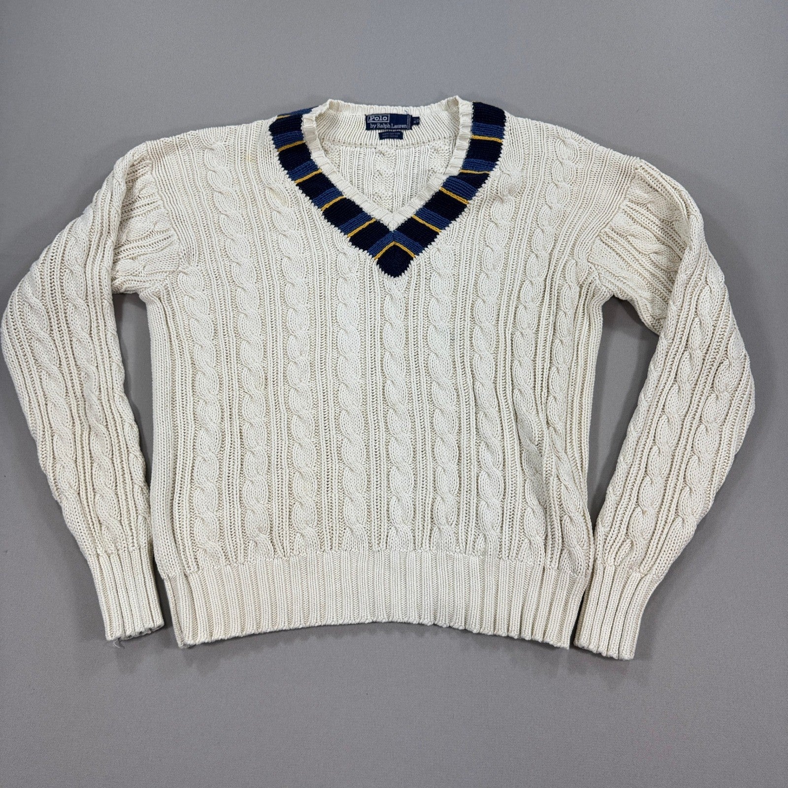 VTG Polo Ralph Lauren Cable Knit Cricket Sweater Cream Blue Yellow Trim mens XL