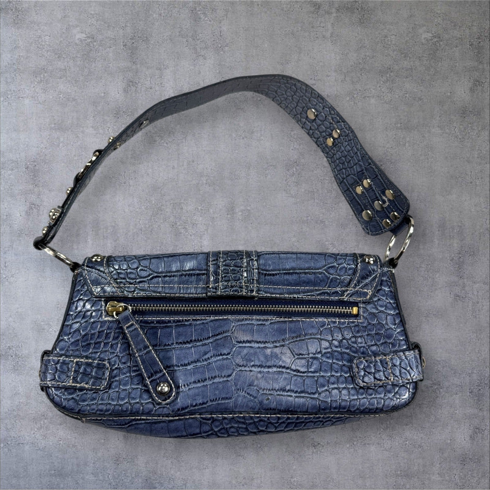 Guess Baguette Shoulder Bag Blue Croc Embossed Stud Detail Large Logo