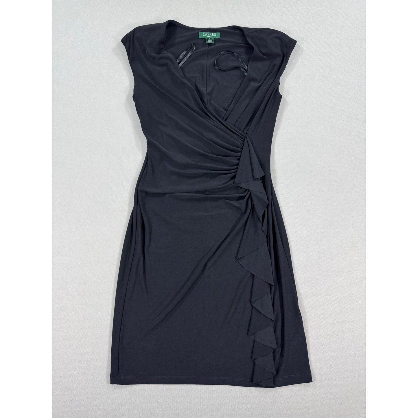 Lauren Ralph Lauren Ruched Midi Sheath Dress Black Ruffled Formal Sz 10