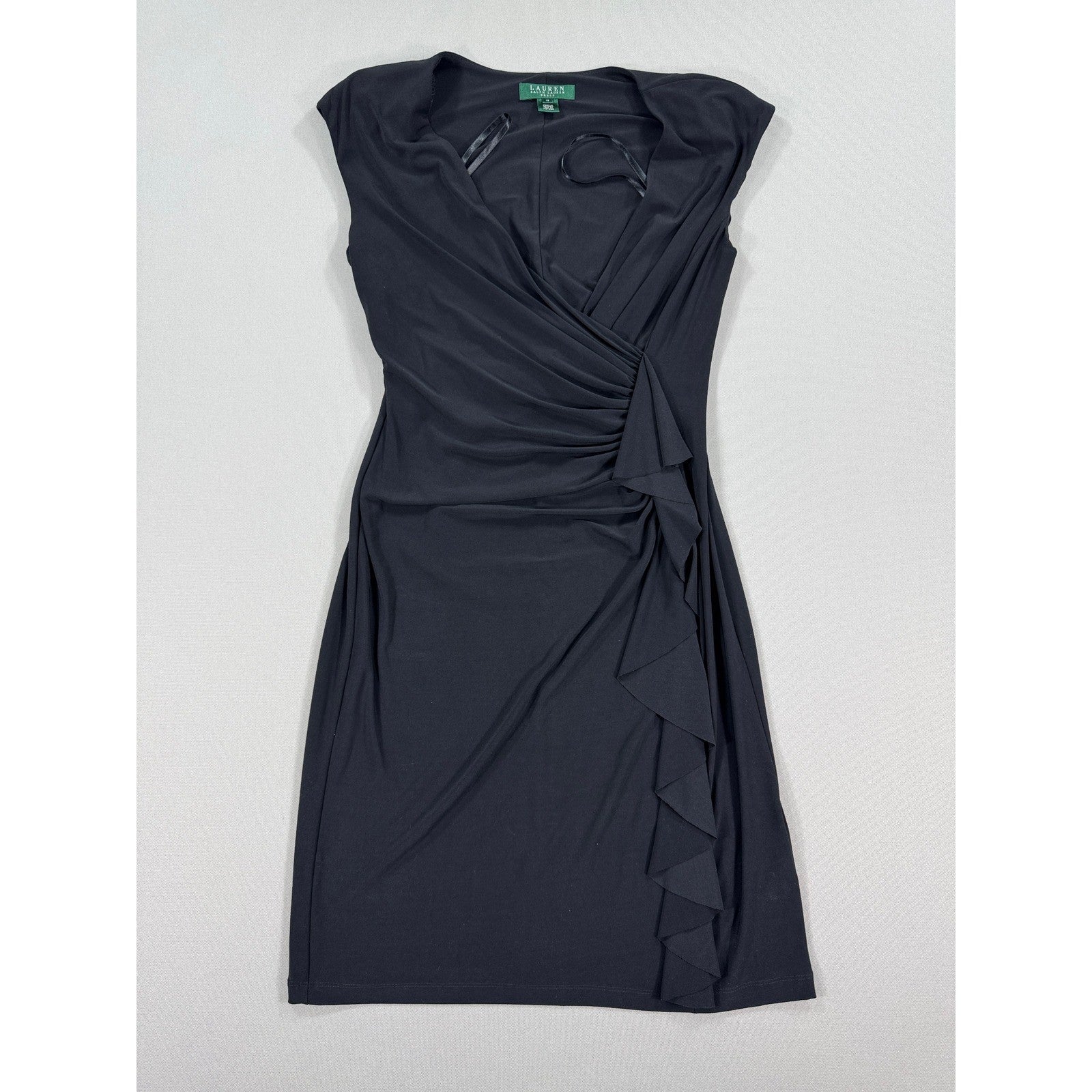 Lauren Ralph Lauren Ruched Midi Sheath Dress Black Ruffled Formal Sz 10