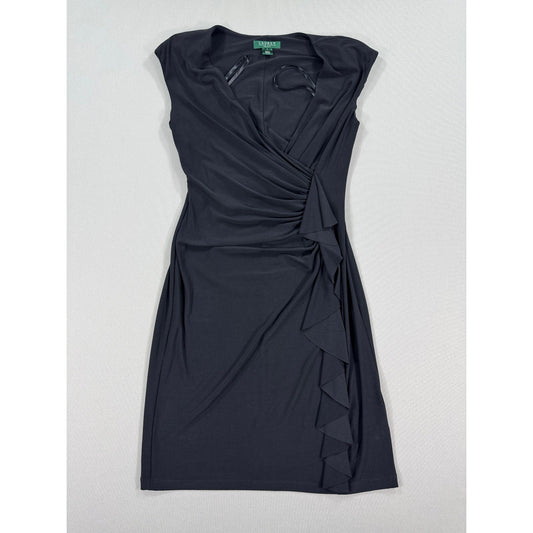 Lauren Ralph Lauren Ruched Midi Sheath Dress Black Ruffled Formal Sz 10