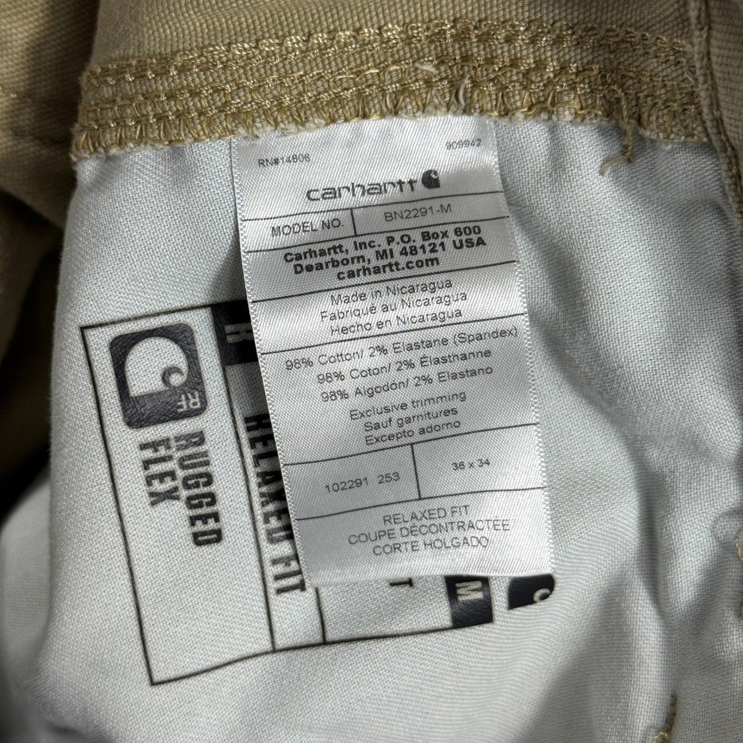 Carhartt Carpenter Work Pants Relaxed Fit Rugged Flex Khaki mens 36x34 Beige